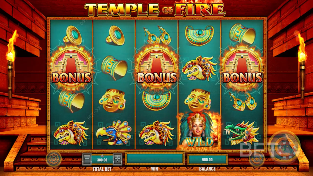 Få tre Scatters og vind gratis spins i Temple of Fire slot