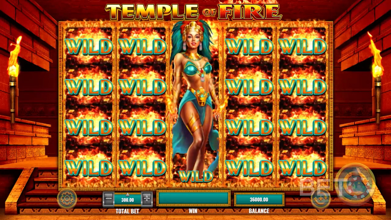 En storm af Wild udløser Free Spins hos den smukke azteker gudinde - Temple of Fire