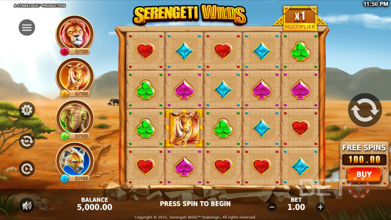 Køb Free Spins for 100x din indsats i Serengeti Wilds spilleautomaten