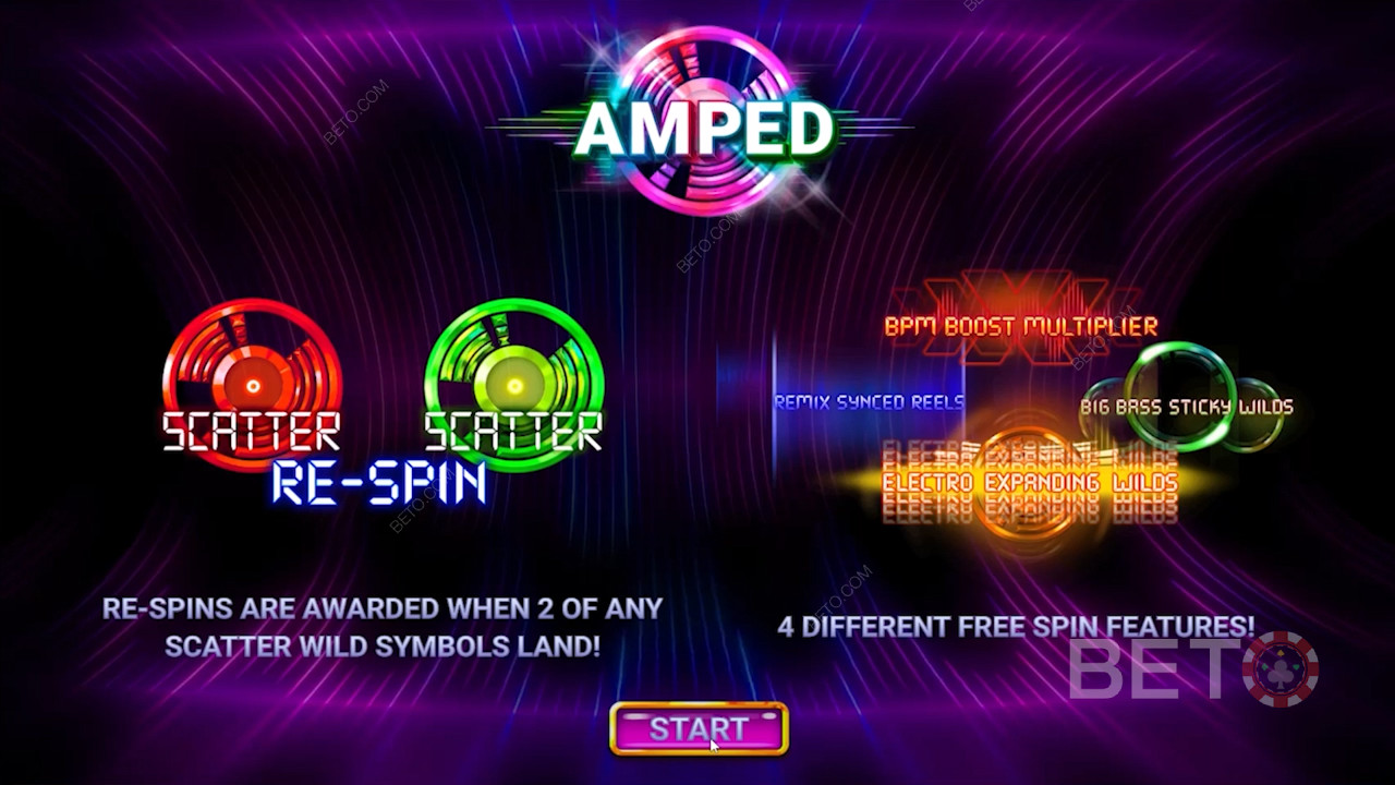 Startskærm der viser bonusserne i Amped