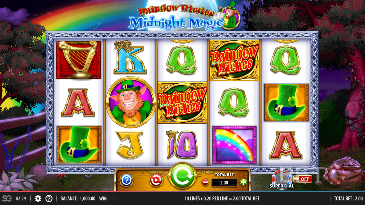 5x3 spillegitter i Rainbow Riches Midnatsmagi