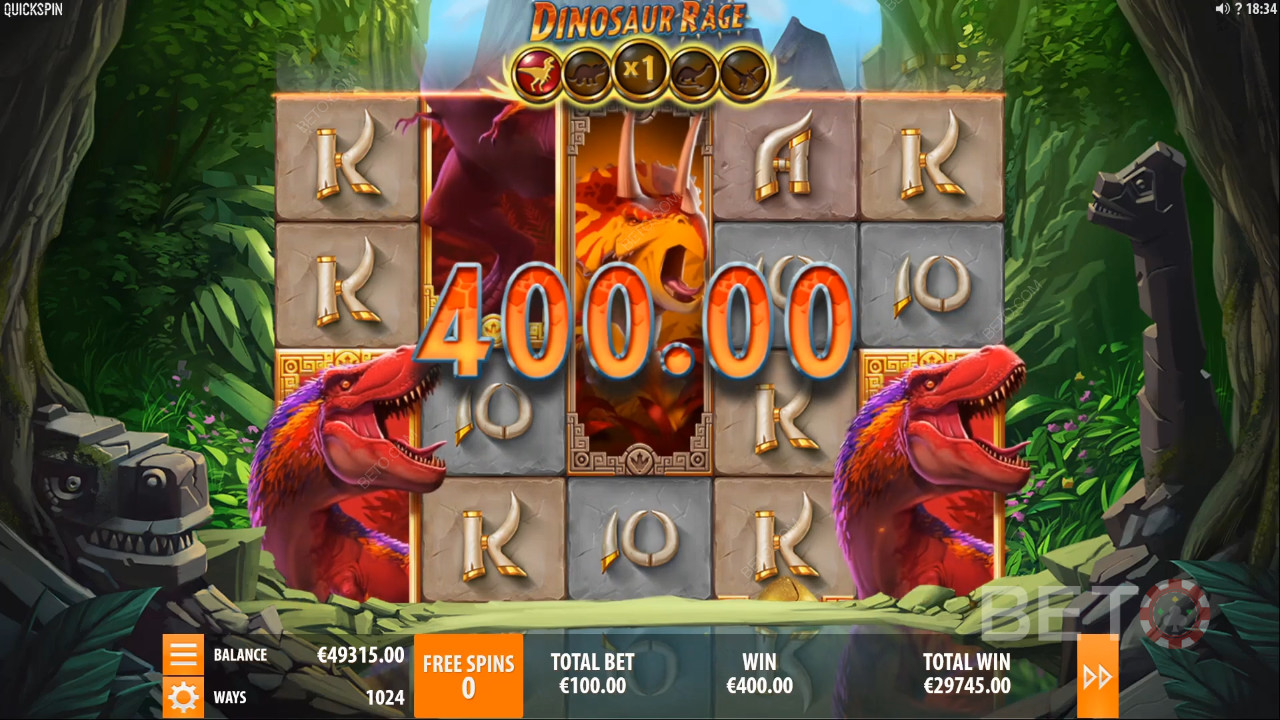Vind op til 400 mønter i Dinosaur Rage spilleautomaten