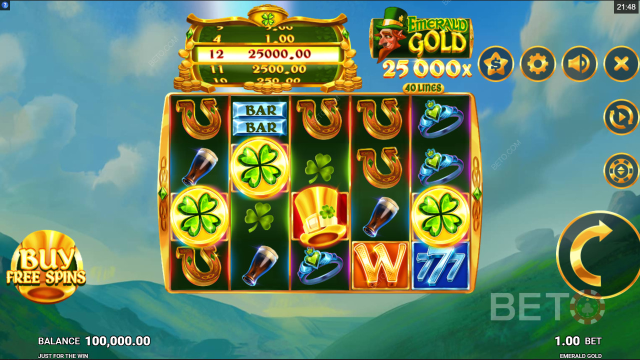 Køb Gratis Spins i Emerald Gold spilleautomat fra Just For The Win