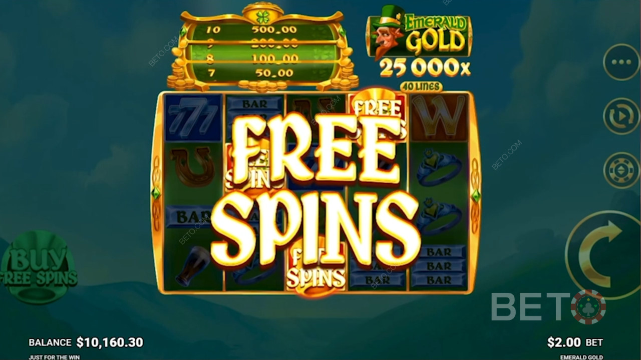 Få gratis spins i Emerald Gold spilleautomaten