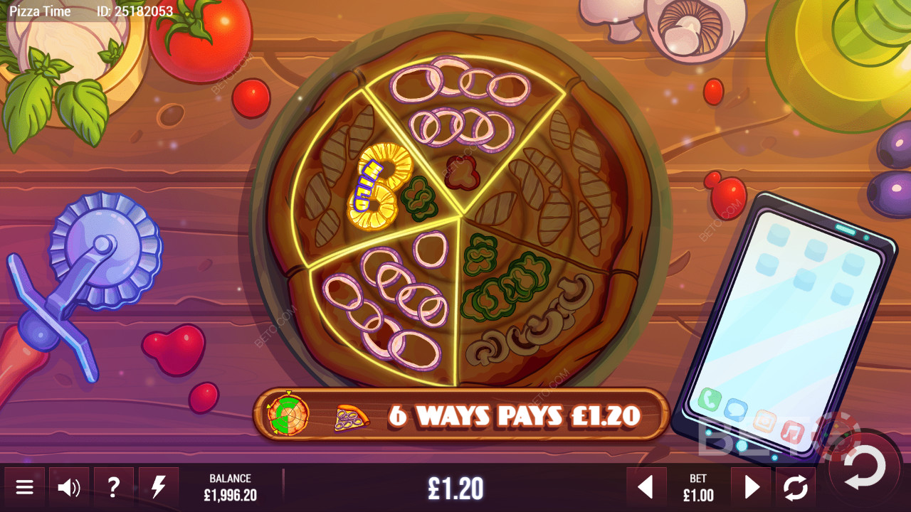 Forskellige gevinstlinjer i Pizza Time i cirkelformat
