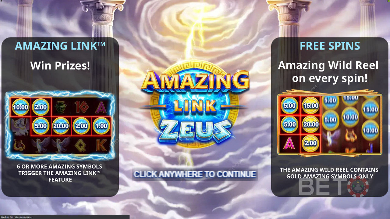 Startskærmen på Amazing Link Zeus spilleautomaten, der viser Free Spins bonussen