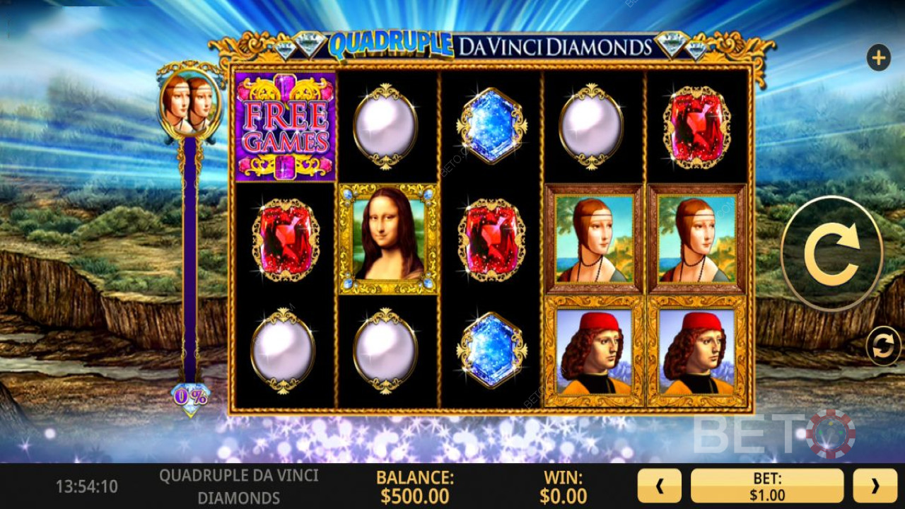 Nyd gratis spins, Spin Crease-funktion og mere i Quadruple Da Vinci Diamonds-spilleautomaten