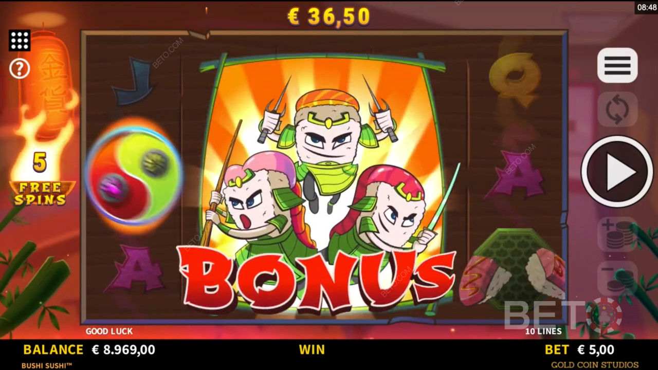 Udløs gratis spins bonusrunde i Bushi Sushi