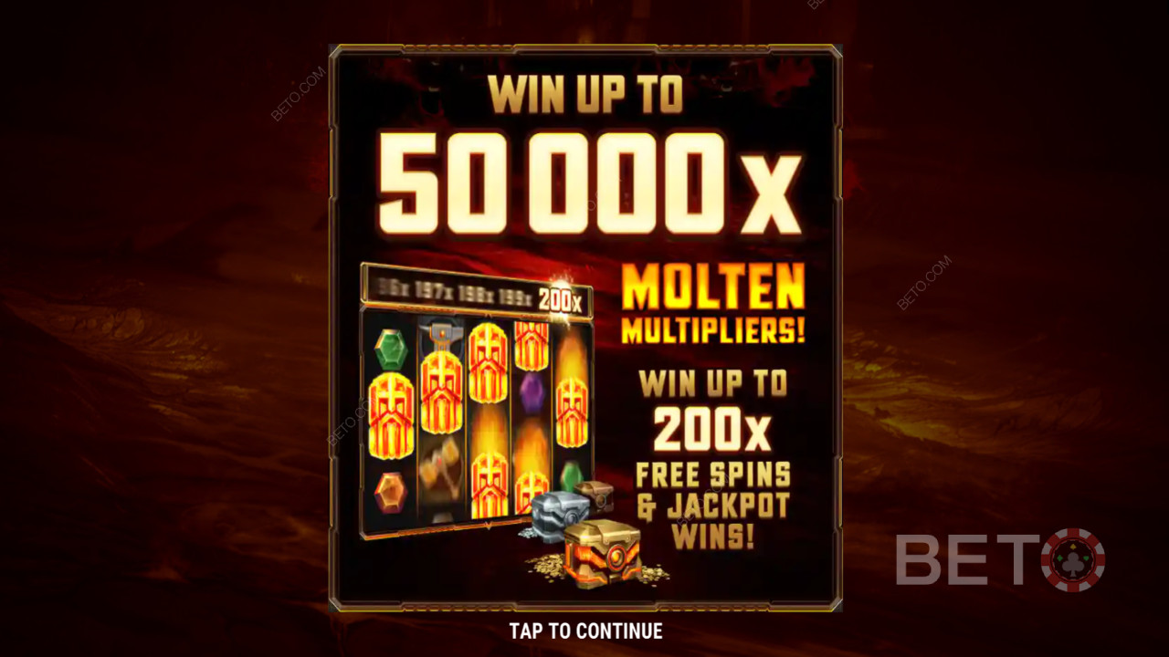 Fire Forge: Startskærmen viser den svimlende 50.000x jackpot