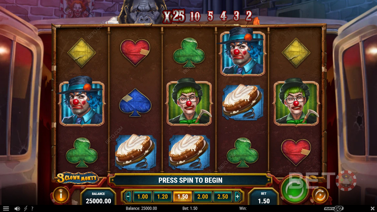 Nyd et simpelt gameplay fyldt med spændende bonusfunktioner på 3 Clown Monty spillemaskinen