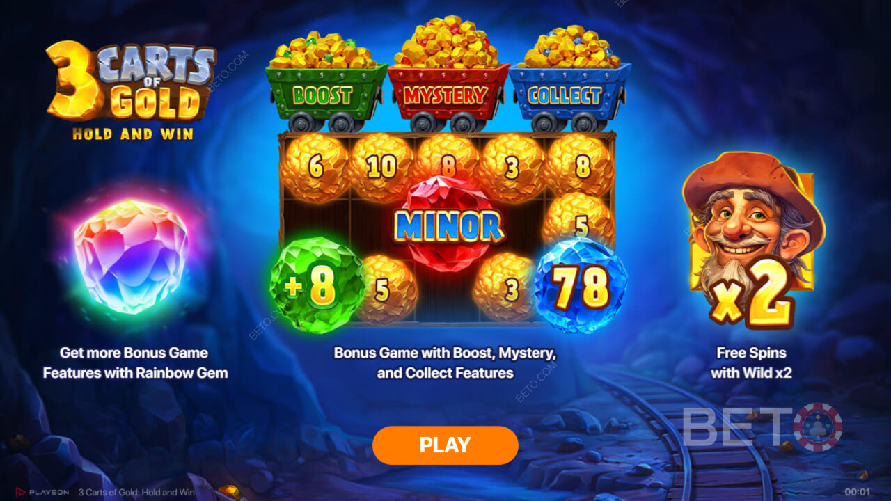 Bonusfunktioner i 3 Carts of Gold: Hold and Win fra Playson
