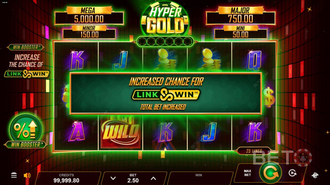 Hyper Gold inkluderer Gevinst Booster og Link & Vind Bonus-funktioner