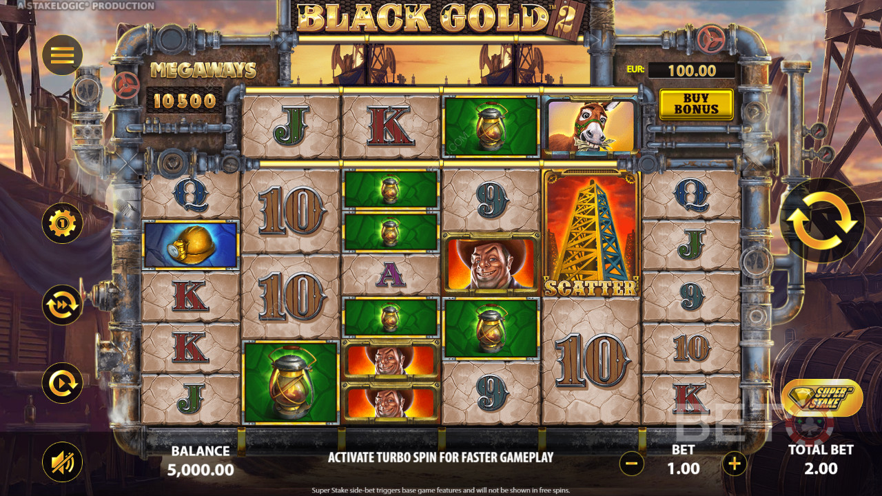 Få 3 eller flere ens symboler for at vinde i Black Gold 2 Megaways spilleautomaten