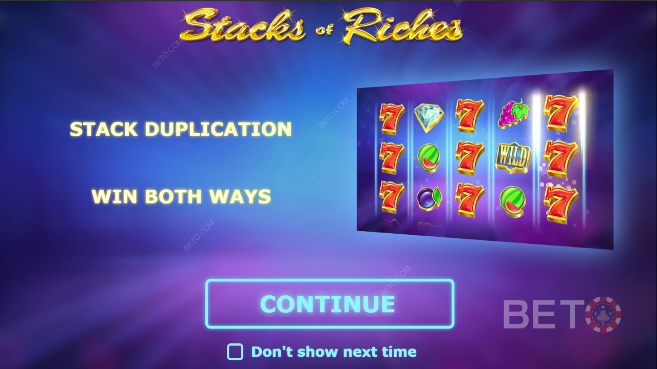 Startskærm på Stacks of Riches spillemaskinen