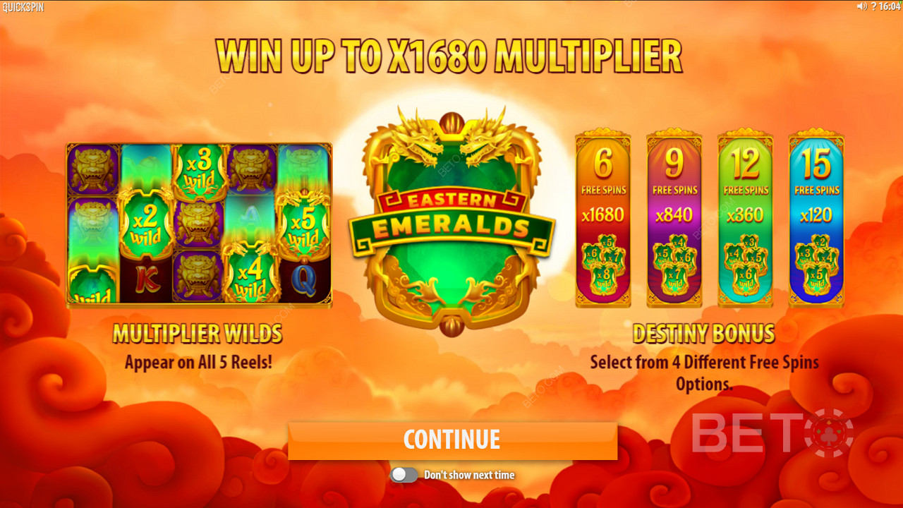 Nyd Multiplikator Wilds og forskellige typer free spins på Eastern Emeralds spillemaskinen