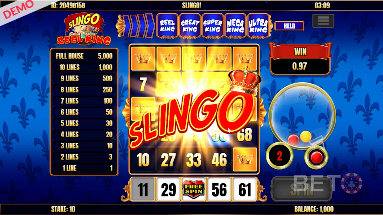 Slingo på Slingo Reel King-automaten