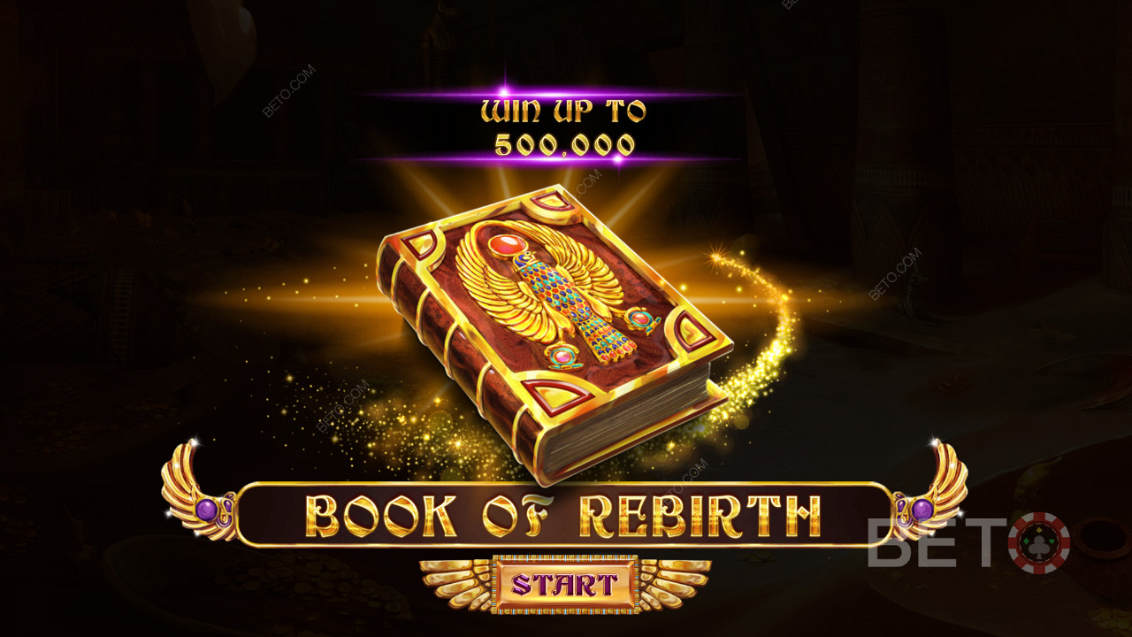 Startskærm på Book Of Rebirth spillemaskinen