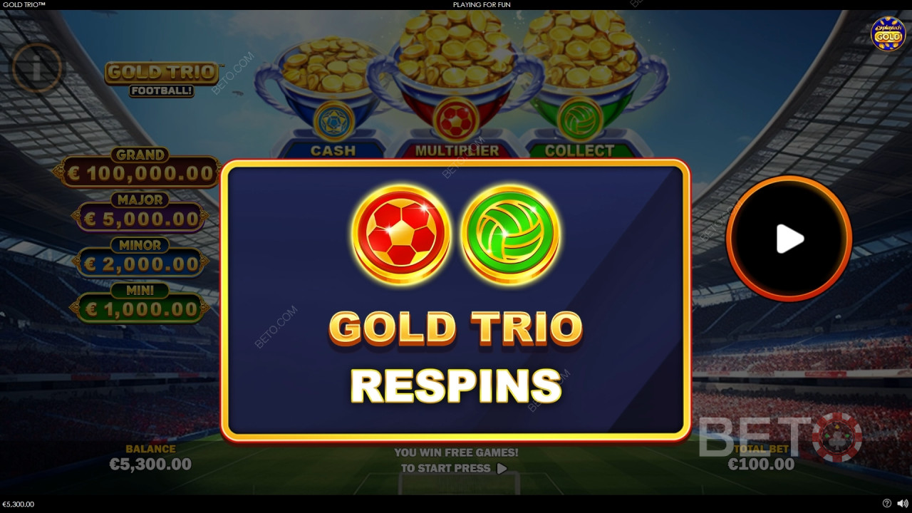 Bonusfunktioner i Gold Trio: Fodbold! fra Playtech