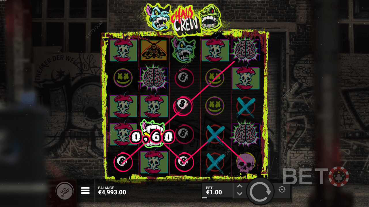 Land mellem 3-5 identiske symboler for at vinde på Chaos Crew spilleautomaten