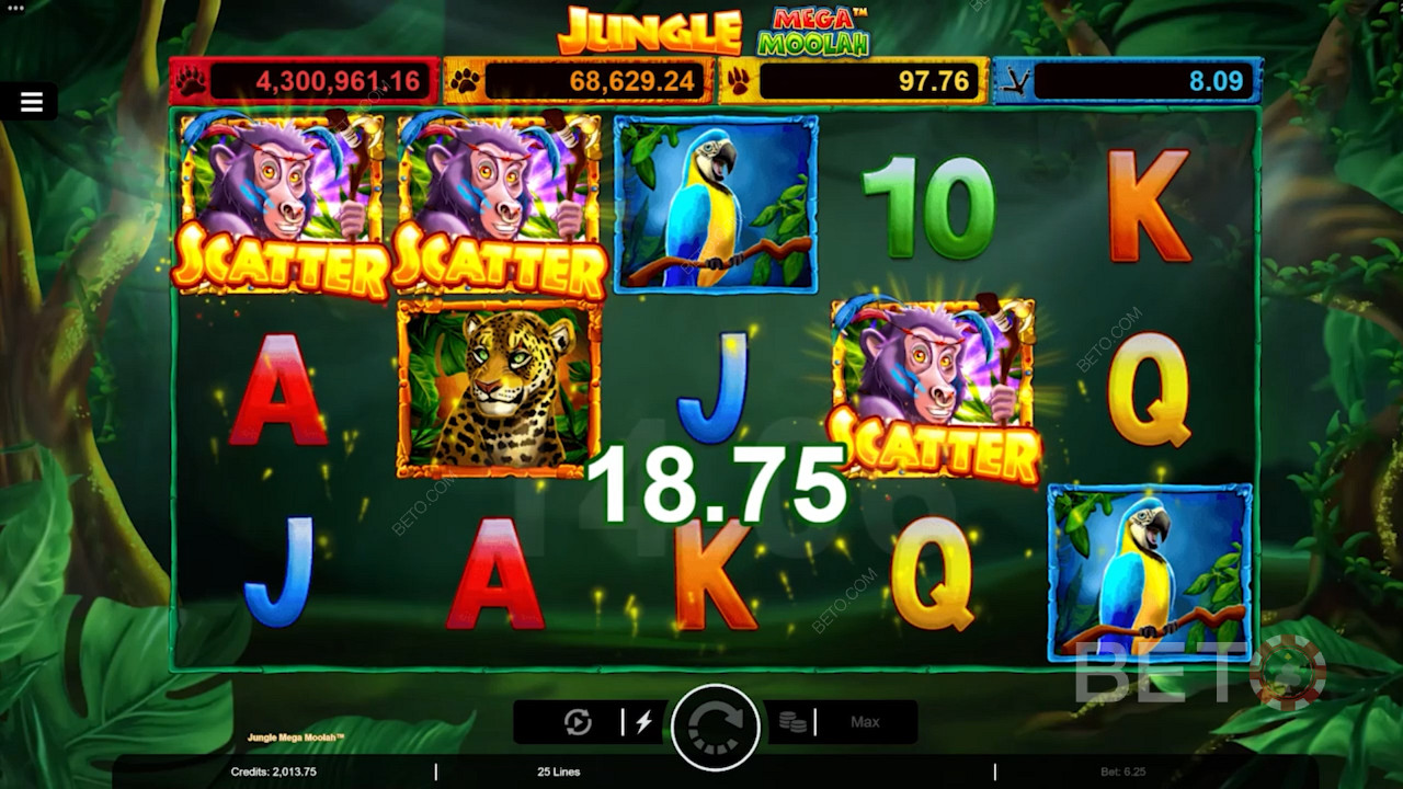 Land 3 Scatters for at udløse Free Spins på Jungle Mega Moolah online spillemaskinen