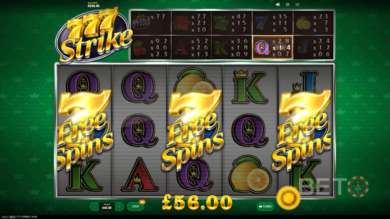 Udløs Free Spins-runden i 777 Strike spilleautomat