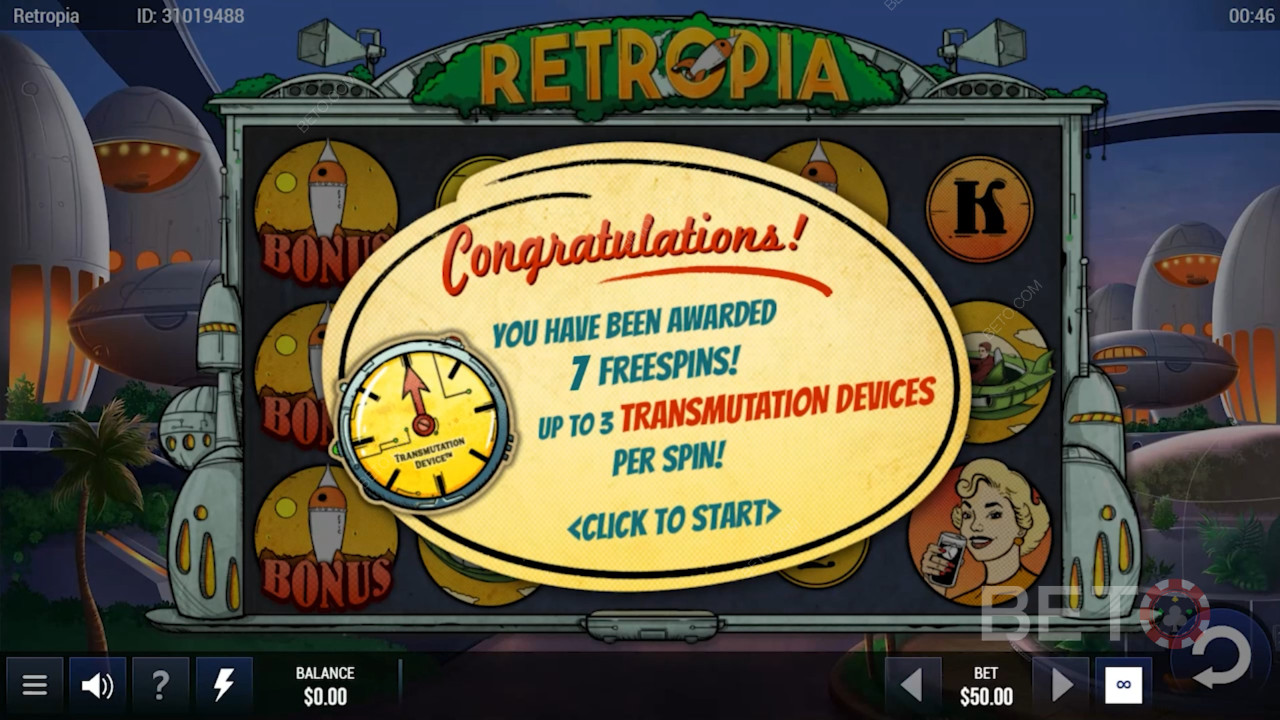 Få 7 gratis spins med 5 Scatters i Retropia spilleautomat
