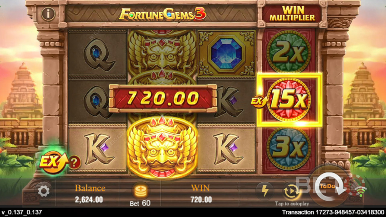 Vind 10.125 gange din indsats i Fortune Gems 3 spilleautomat!