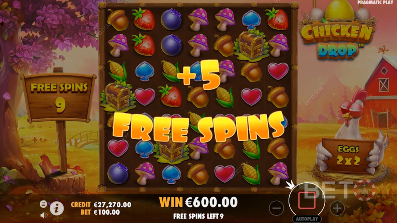 Få 5 ekstra gratis spins i Chicken Drop ved at lande 4 eller flere bonussymboler