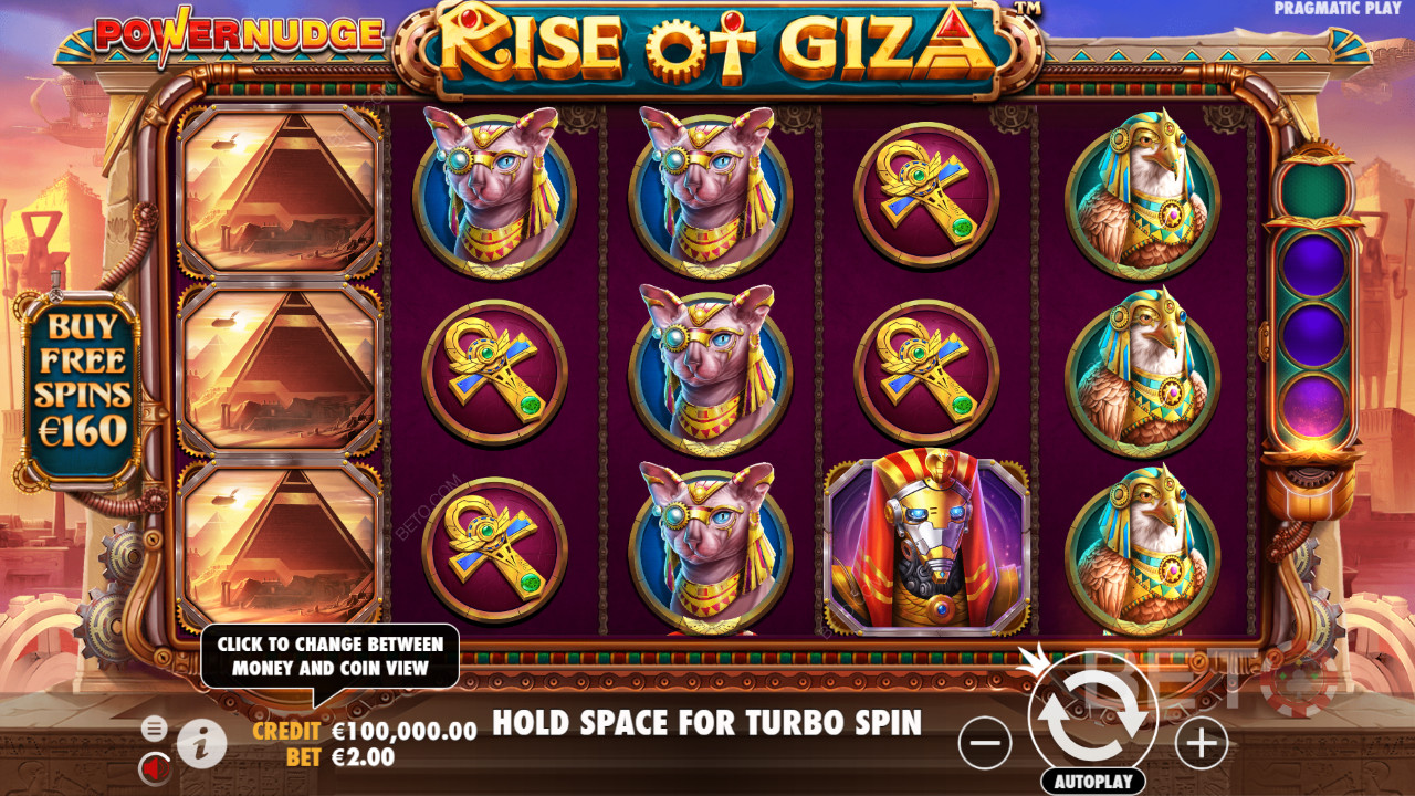 Køb Free Spins for 80x dit indskud i Rise of Giza PowerNudge spilleautomat