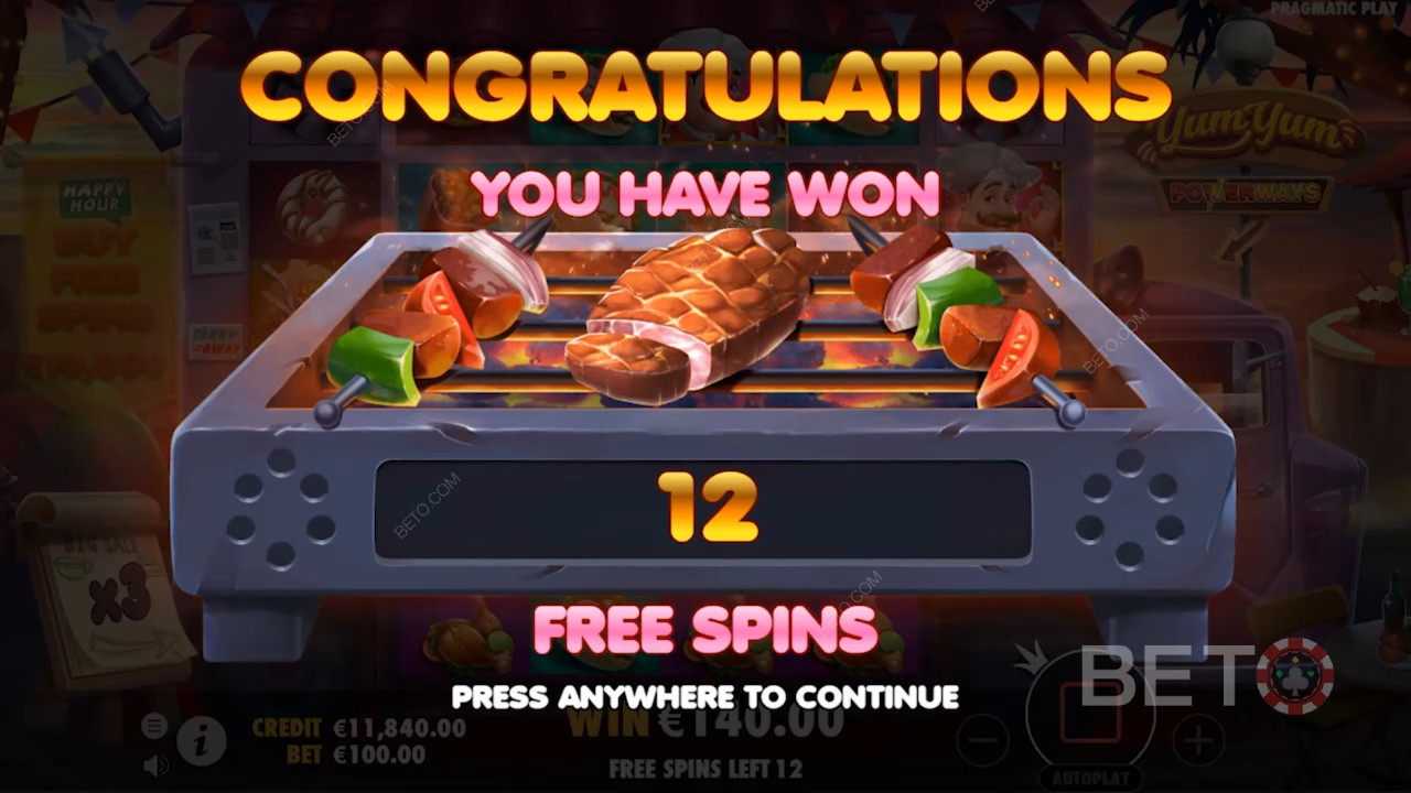 Vind 12 Gratis Spins i Yum Yum Powerways