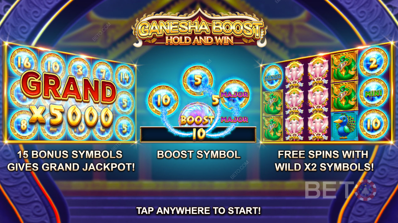 Få gratis spins, Boost-funktion og respins i Ganesha Boost Hold and Win