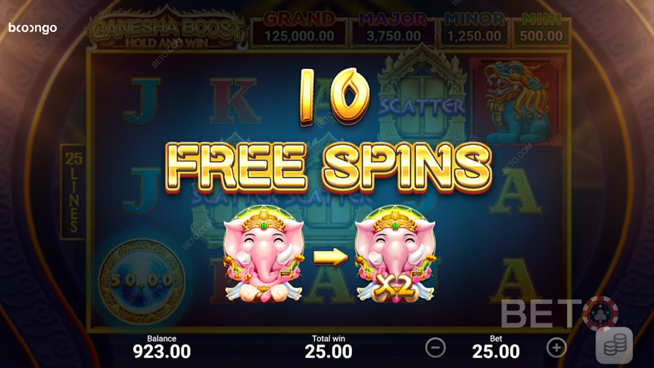 Få 3 Scatter og udløs 10 gratis spins i Ganesha Boost Hold and Win