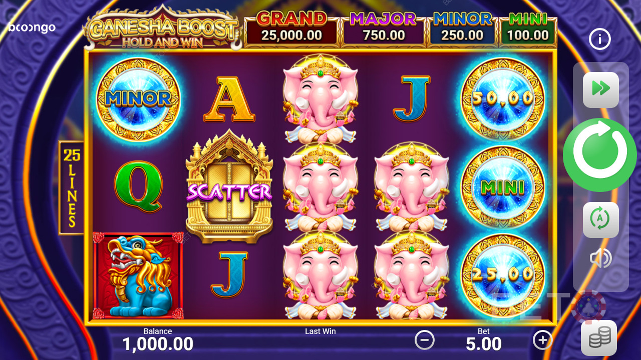 Vind jackpots i bonusspillet i Ganesha Boost Hold and Win spilleautomat