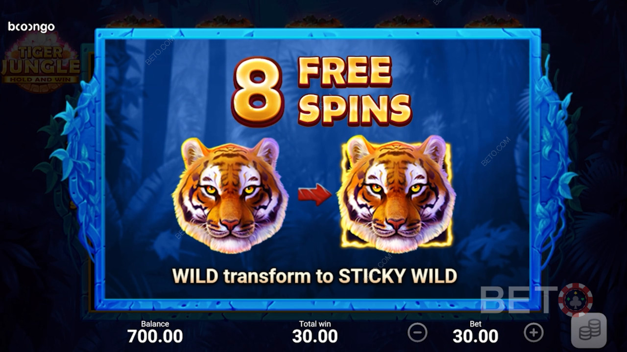 Få 8 gratis spins med klistrende wilds i Tiger Jungle Hold and Win