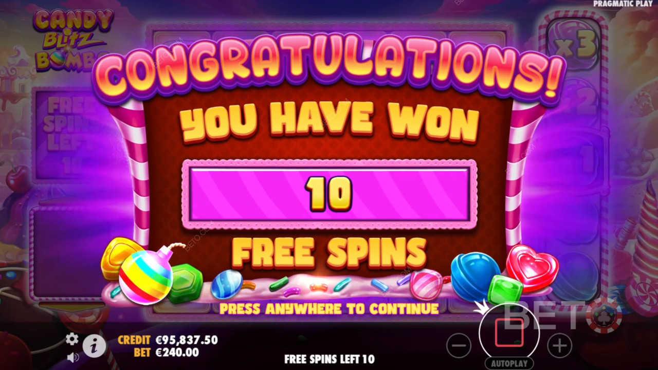 Vind 5.000 gange din indsats i Candy Blitz Bombs spilleautomat!