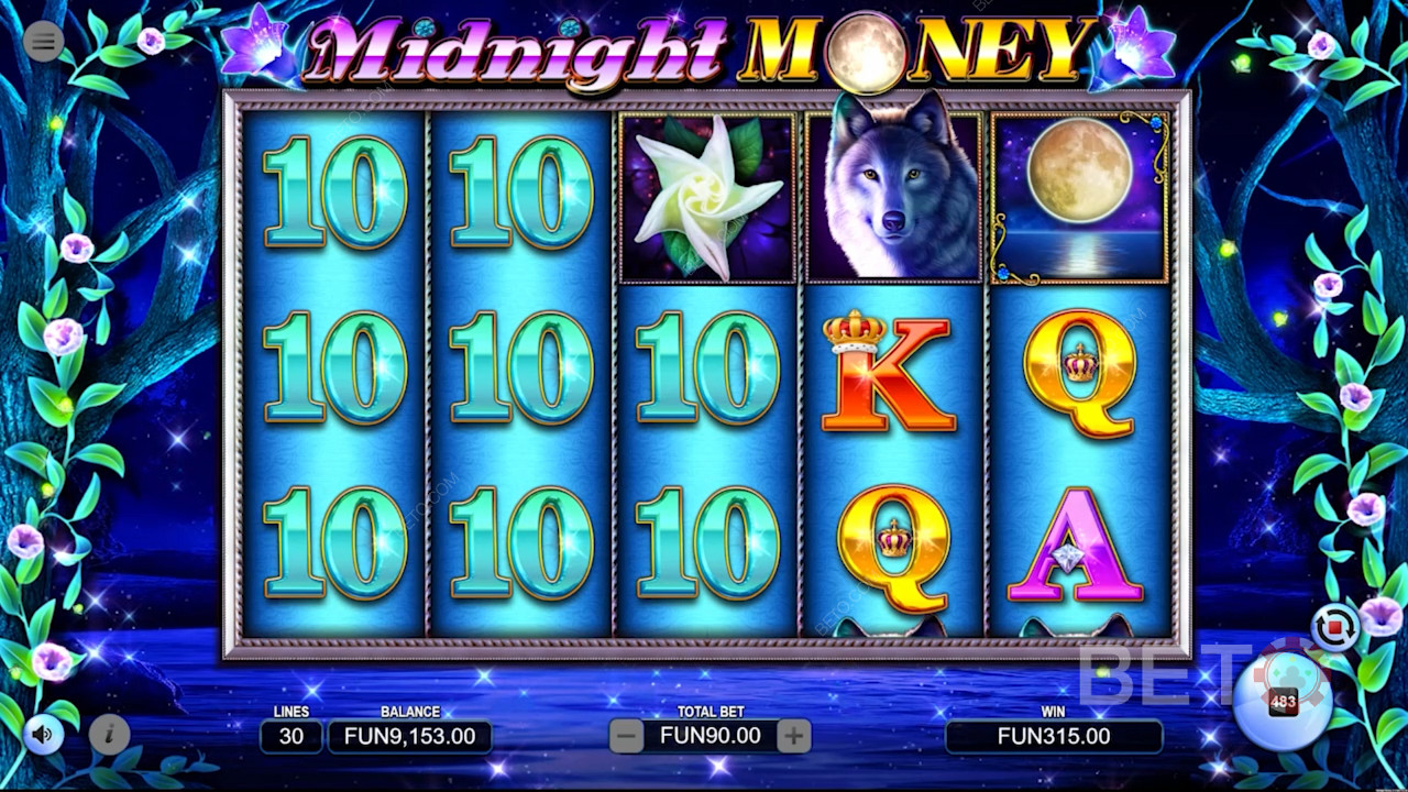Startskærm på Midnight Money online spillemaskinen