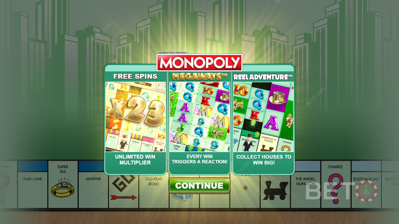 Startskærm på Monopoly Megaways spilleautomaten