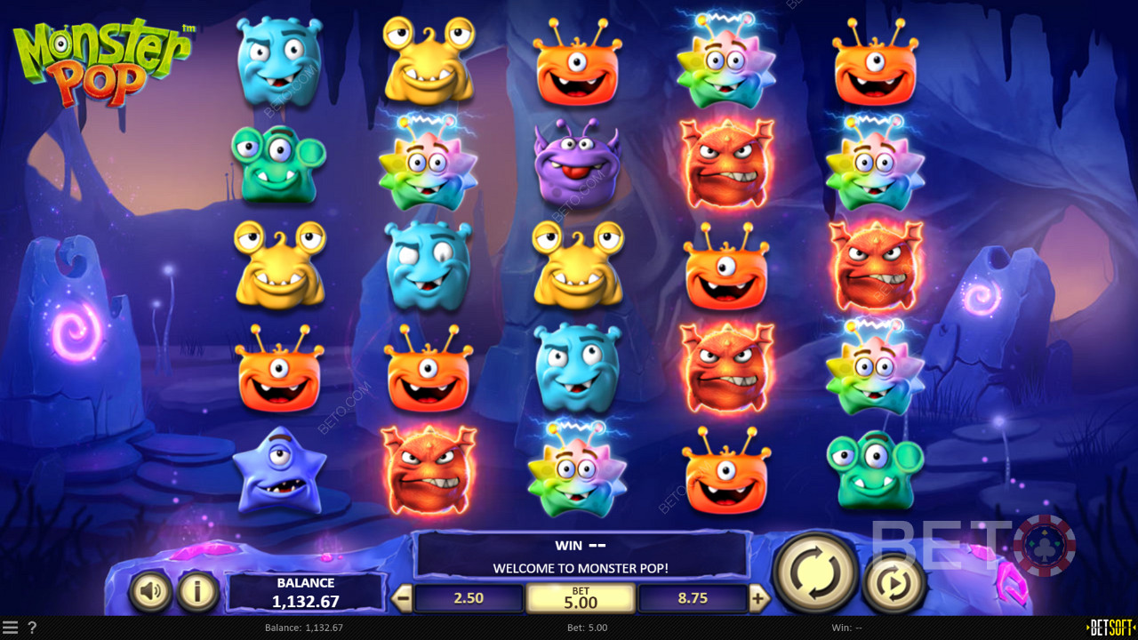 Nyd det underholdende tema og de sjove symboler på Monster Pop online spillemaskinen