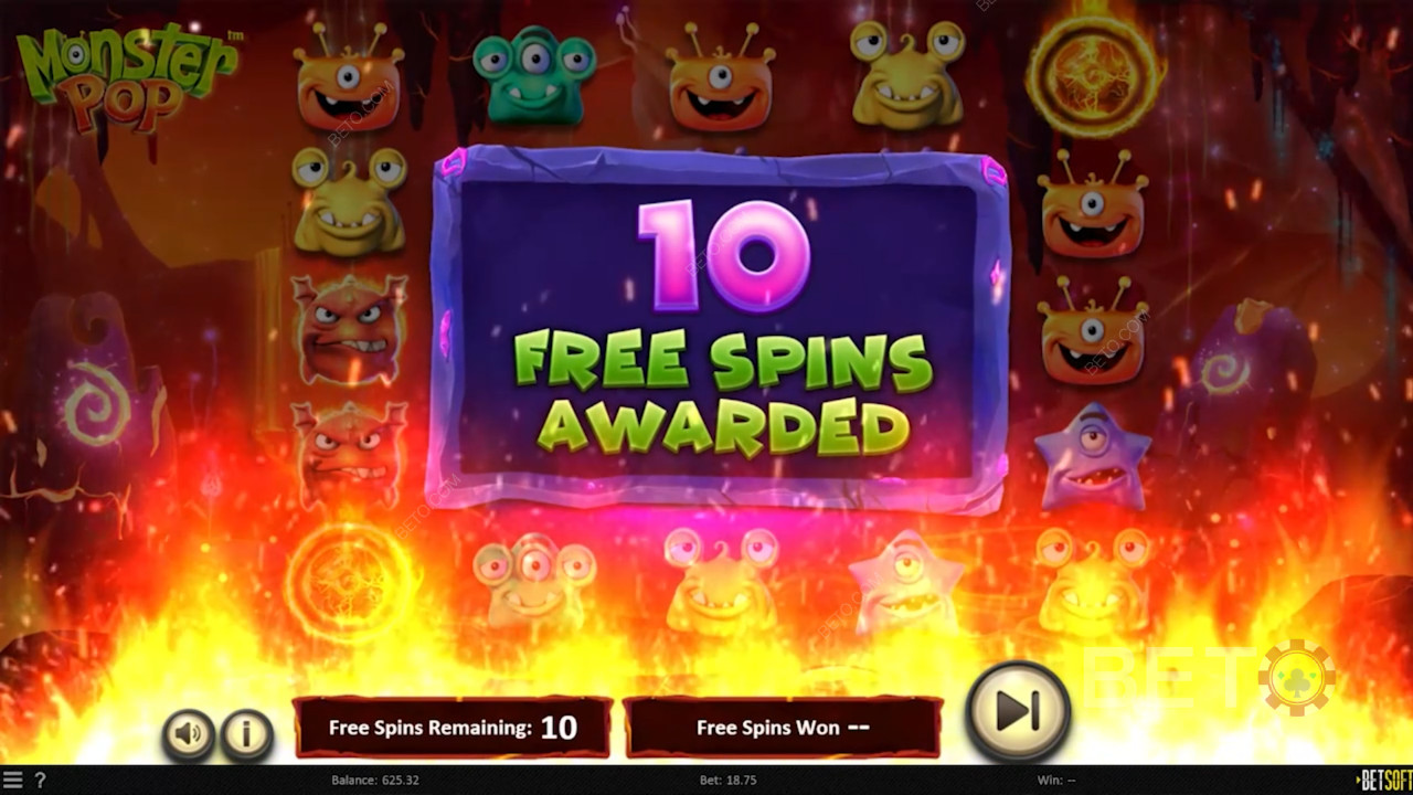 Få 3 Scatters og nyd 10 Gratis Spins i Monster Pop