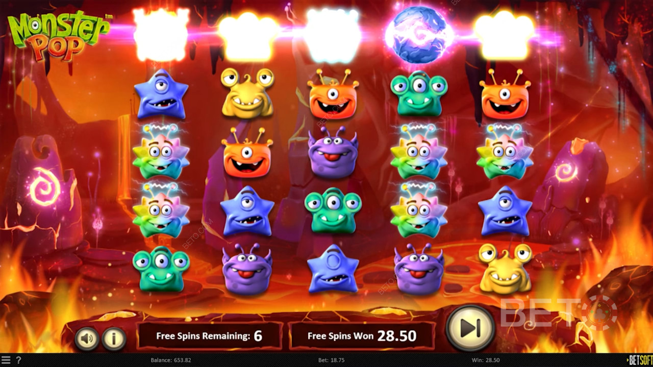 Se hjulene udvide sig under gratisrunder i Monster Pop spilleautomat