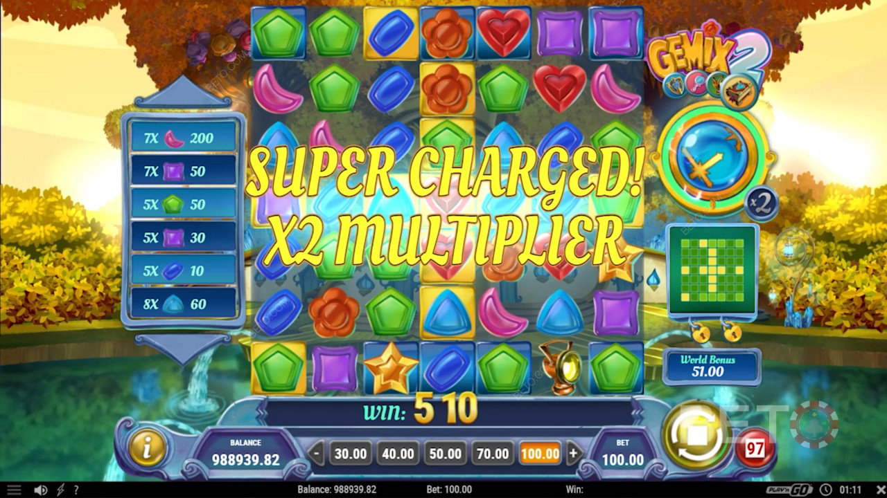 Nyd alle 4 Crystal Charge-effekter med 2x multiplikator ved at samle 50 vindersymboler