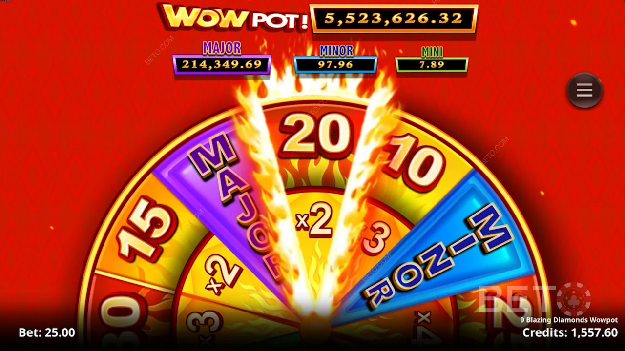 Prøv lykken med vanvittige Wowpot-gevinster i 9 Blazing Diamonds Wowpot automaten