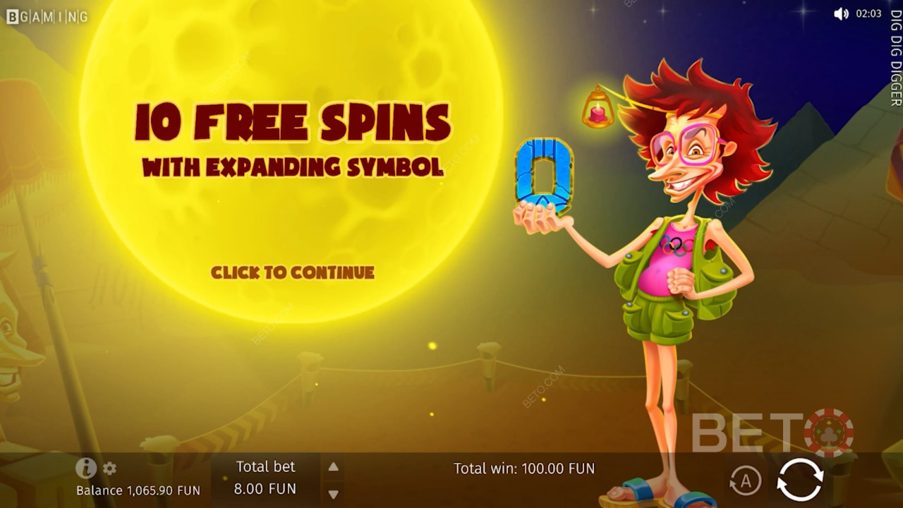 Udløs Free Spins bonusrunden og få 10 gratis spins i Dig Dig Digger