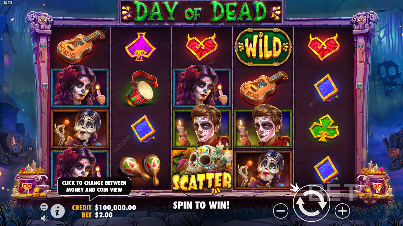Nyd det uhyggelige tema på Day of Dead spilleautomaten