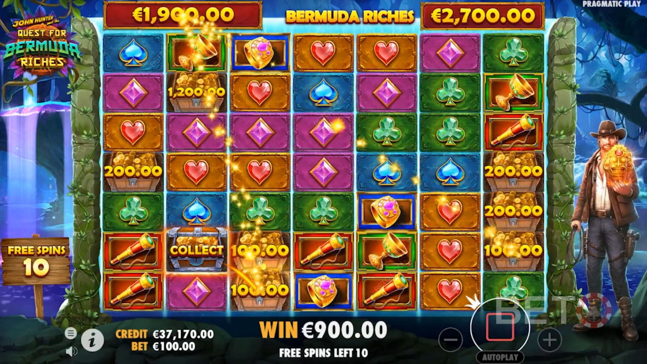 Mindst 3 Scatters udløser Gratis Spins i John Hunter og Jagten på Bermudas Rigdomme