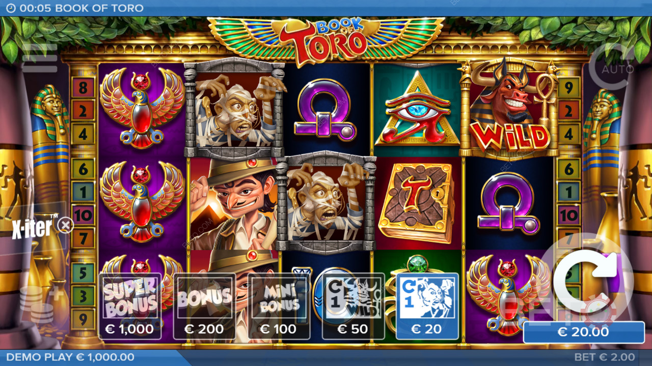 Udløs bonusfunktioner med X-iter i Book of Toro spilleautomat
