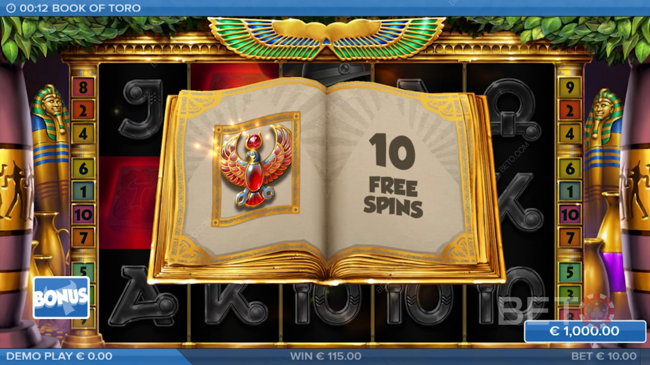 Få 3 Scatters og nyd 10 Gratis Spins i Book of Toro spil