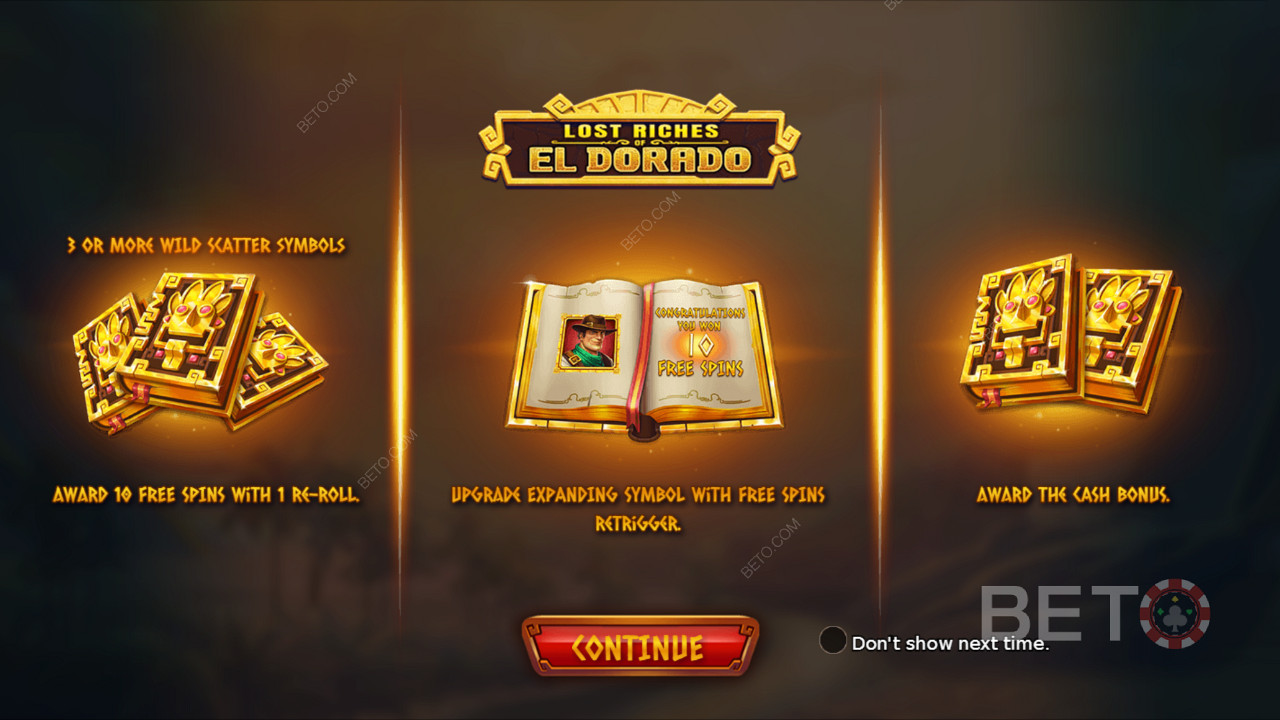 Startskærmen i Lost Riches of El Dorados giver dig informationer om spillet