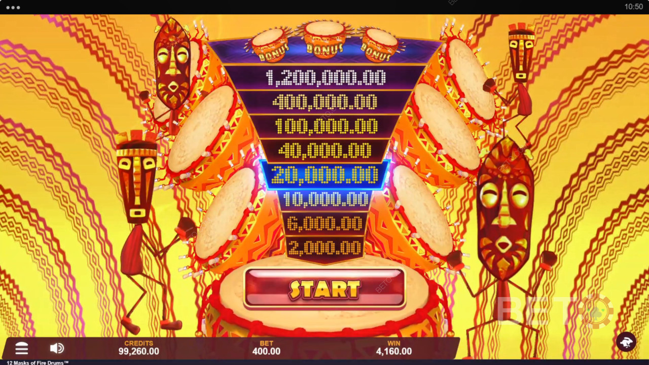 Vind 3.125x Din indsats i 12 Masks of Fire Drums spilleautomaten!