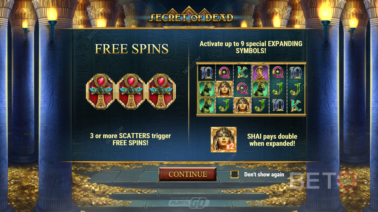Nyd Free Spins og Gamble funktionen på Secret of Dead online spillemaskinen